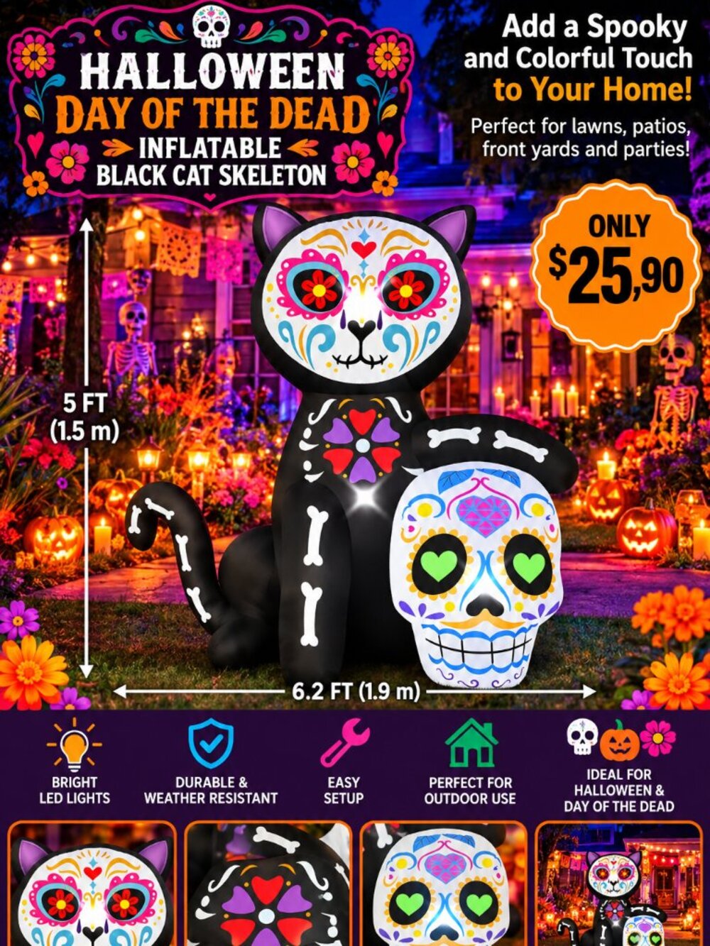 BLOWOUT FUN - 5ft Inflatable Black Cat Skeleton Decoration
